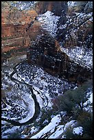 Virgin river and Canyon walls from the summit of Angel's landing in winter. Zion National Park, Utah, USA.