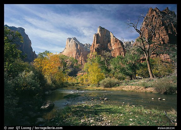 Court of the Patriarchs, Virgin River, and trees in fall color. Zion National Park (color)