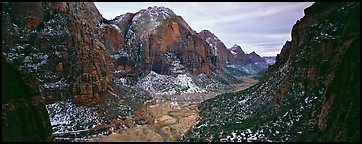 Zion Canyon delimited by tall limestone walls. Zion National Park (Panoramic color)