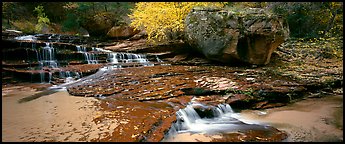 North Creek cascading over terraces in autumn. Zion National Park (Panoramic color)