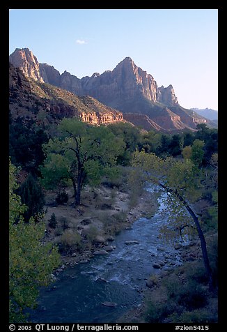 Virgin River and Watchman, sunset. Zion National Park, Utah, USA.