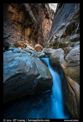 Cascade and boulder in Orderville Canyon. Zion National Park (color)