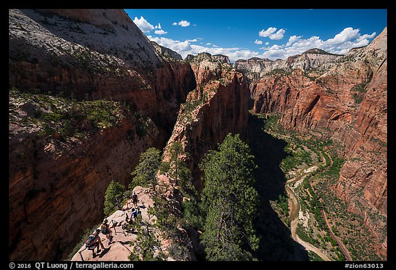 Hikers descend vertiginous spine of Angels Landing. Zion National Park (color)