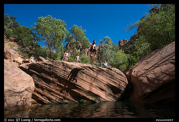 Jumping into water at swimming hole, Pine Creek. Zion National Park (color)