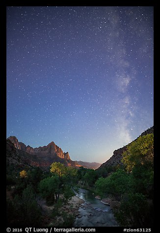 Virgin River, Watchman, and Milky Way at dawn. Zion National Park, Utah, USA.
