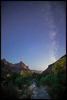 Virgin River, Watchman, and Milky Way at dawn. Zion National Park ( color)