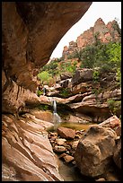 Striated alcove, waterfall, and rock towers, Pine Creek Canyon. Zion National Park ( color)
