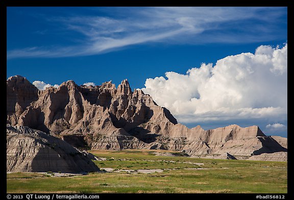Badlands and afternoon clouds, Stronghold Unit. Badlands National Park, South Dakota, USA.