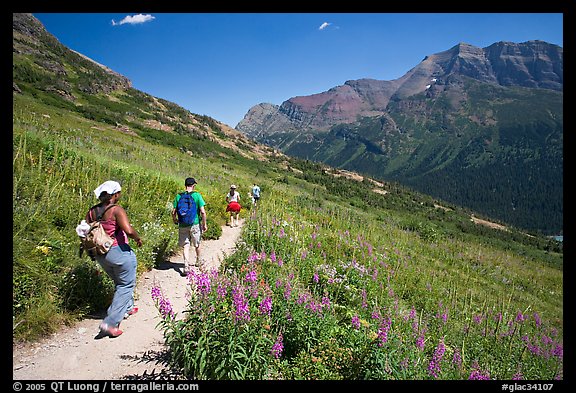 Group hiking on the Grinnell Glacier trail. Glacier National Park, Montana, USA.