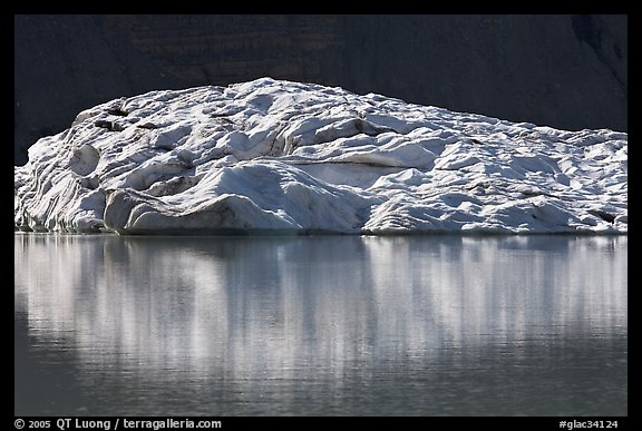 Grinnell Glacier reflected in Upper Grinnel Lake. Glacier National Park, Montana, USA.