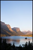 St Mary Lake and Wild Goose Island at sunrise. Glacier National Park, Montana, USA. (color)