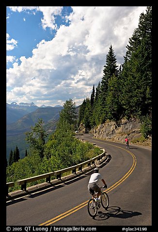 Bicyclists riding down Going-to-the-Sun road. Glacier National Park, Montana, USA.