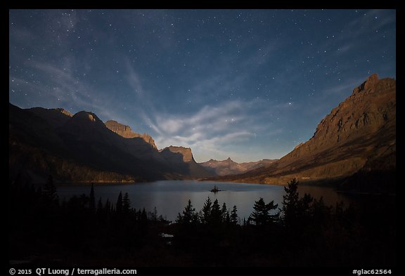 Saint Mary Lake at night with light from rising moon. Glacier National Park (color)