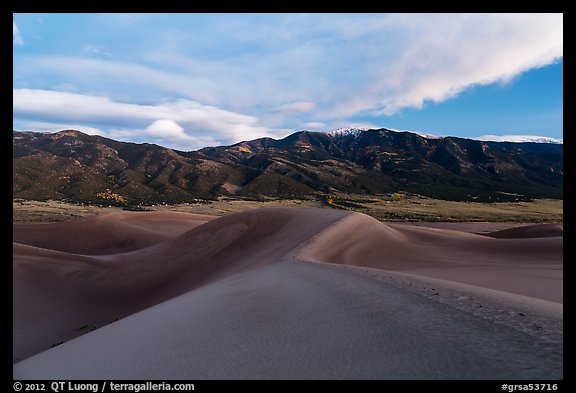 Dunes and Mount Zwischen at dusk. Great Sand Dunes National Park and Preserve (color)