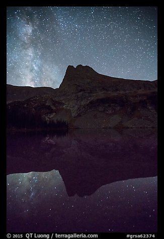 Milky Way, Tijeras Peak reflected in Lower Sand Creek Lake. Great Sand Dunes National Park and Preserve, Colorado, USA.
