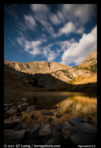 Mount Herard by moonlight above Medano Lake. Great Sand Dunes National Park and Preserve, Colorado, USA.