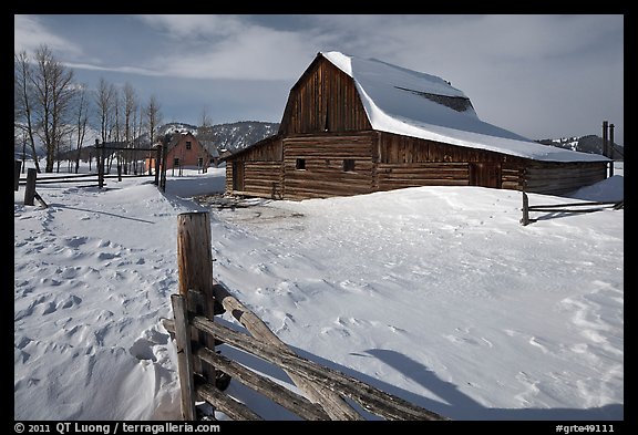 Historic Mormon Row homestead in winter. Grand Teton National Park, Wyoming, USA.