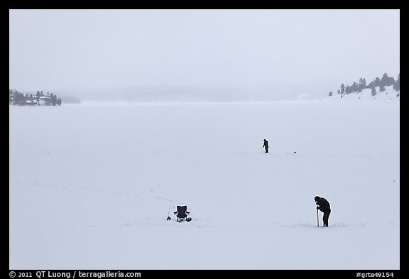 Jackson Lake in winter with ice fishermen. Grand Teton National Park (color)