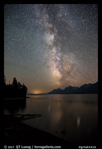 Milky Way and Teton Range from Jackson Lake at night. Grand Teton National Park, Wyoming, USA.