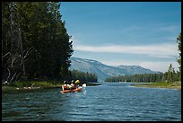 Kayakers approach narrow channel, Colter Bay. Grand Teton National Park ( color)