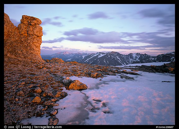 Rock tower and neve at sunset, Rock Cut. Rocky Mountain National Park, Colorado, USA.