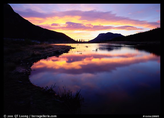 Pond with cloud reflexion at sunrise, Horsehoe Park. Rocky Mountain National Park, Colorado, USA.