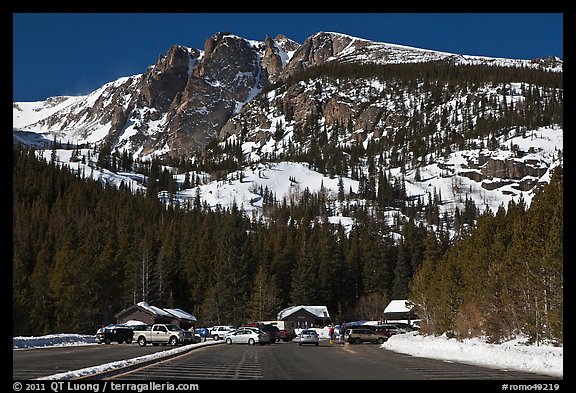 Bear Lake Road trailhead in winter. Rocky Mountain National Park, Colorado, USA.