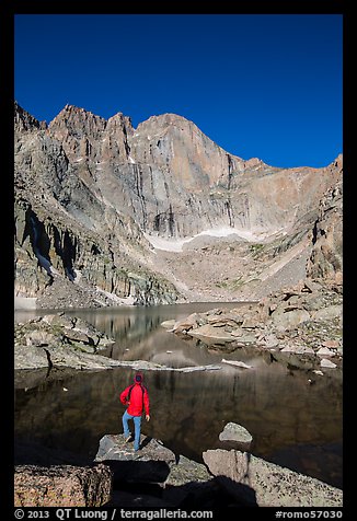 Hiker standing near Chasm Lake, looking at Longs peak. Rocky Mountain National Park, Colorado, USA.