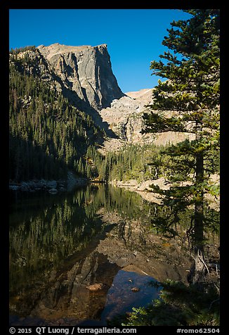 Hallet Peak and Dream Lake reflections. Rocky Mountain National Park, Colorado, USA.