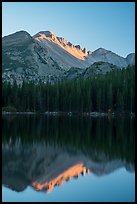 Longs Peak and reflection in Bear Lake at sunset. Rocky Mountain National Park, Colorado, USA.