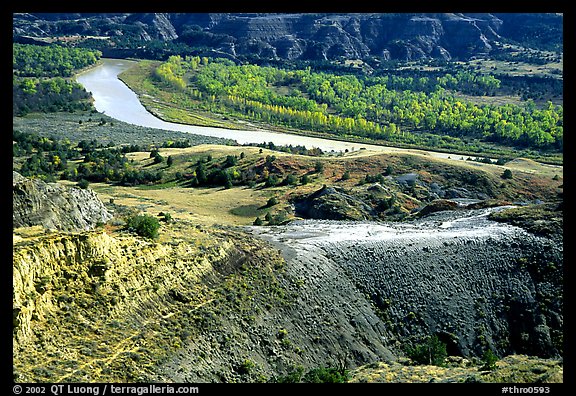 Little Missouri river and badlands at River bend. Theodore Roosevelt  National Park, North Dakota, USA.