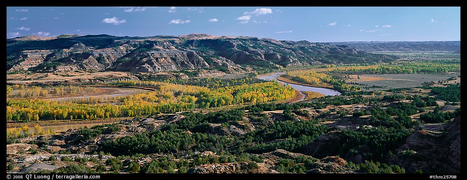Wide valley with river and aspens in autumn color. Theodore Roosevelt National Park (color)