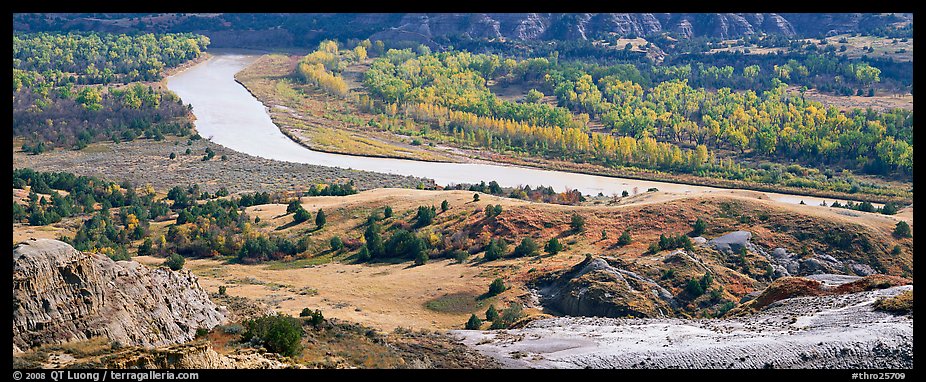 River, badlands, and aspens in the fall. Theodore Roosevelt National Park, North Dakota, USA.