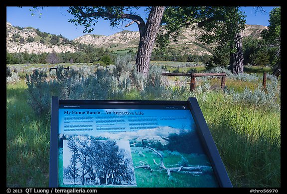 Roosevelt Elkhorn Ranch site interpretative sign. Theodore Roosevelt National Park, North Dakota, USA.
