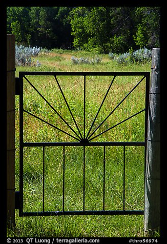 Entrance gate to Elkhorn Ranch homestead. Theodore Roosevelt National Park, North Dakota, USA.