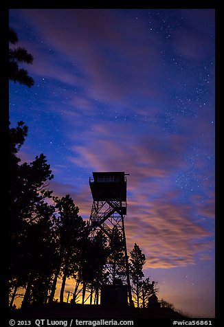 Rankin Ridge tower at dusk and starry sky. Wind Cave National Park, South Dakota, USA.