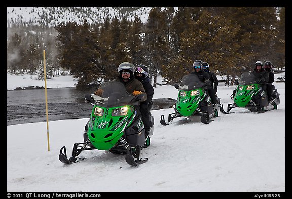 Snowmobile riders. Yellowstone National Park, Wyoming, USA.