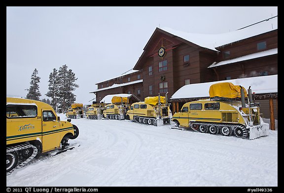 Winter Snowcoaches in front of Old Faithful Snow Lodge. Yellowstone National Park, Wyoming, USA.