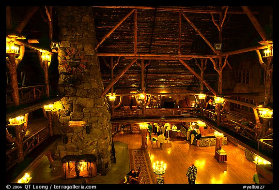 Main hall of Old Faithful Inn. Yellowstone National Park, Wyoming, USA.