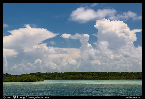 Barrier island, shallow waters, and afternoon clouds. Biscayne National Park, Florida, USA.