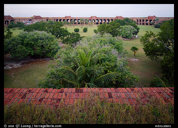 Courtyard of Fort Jefferson with lawn and trees. Dry Tortugas National Park, Florida, USA.