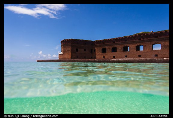 Split view of Fort Jefferson and clear sandy bottom. Dry Tortugas National Park, Florida, USA.