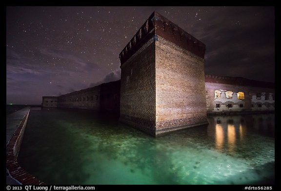 Fort Jefferson corner turret and moat at night. Dry Tortugas National Park (color)