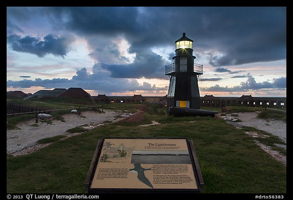Interpretive sign, Harbor Light, and fort Jefferson. Dry Tortugas National Park (color)