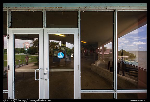 Florida Bay and lawn, Flamingo visitor center window reflexion. Everglades National Park (color)