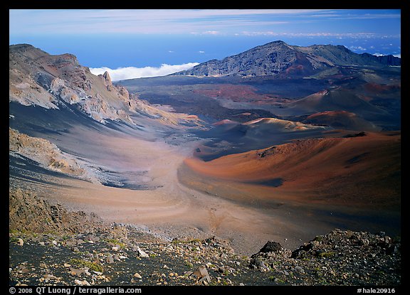 View of Haleakala crater from White Hill with multi-colored cinder. Haleakala National Park, Hawaii, USA.