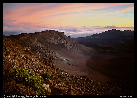 Haleakala crater and clouds at sunrise. Haleakala National Park, Hawaii, USA.