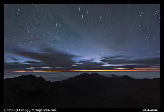 Crater ridge and stars in motion at night. Haleakala National Park (color)