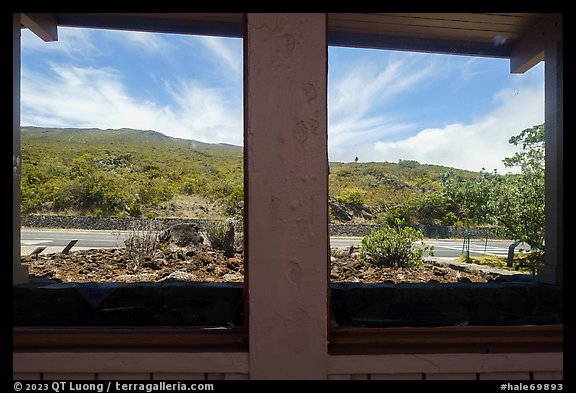 Haleakala slopes and road, Park Headquarters Visitor Center window reflexion. Haleakala National Park (color)