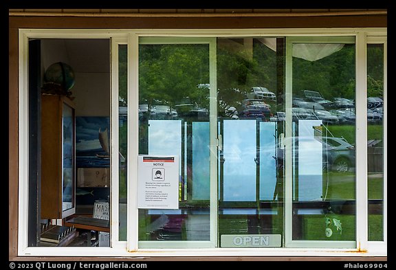 Parking lot and mountain, Kipahulu Visitor Center window reflexion. Haleakala National Park (color)